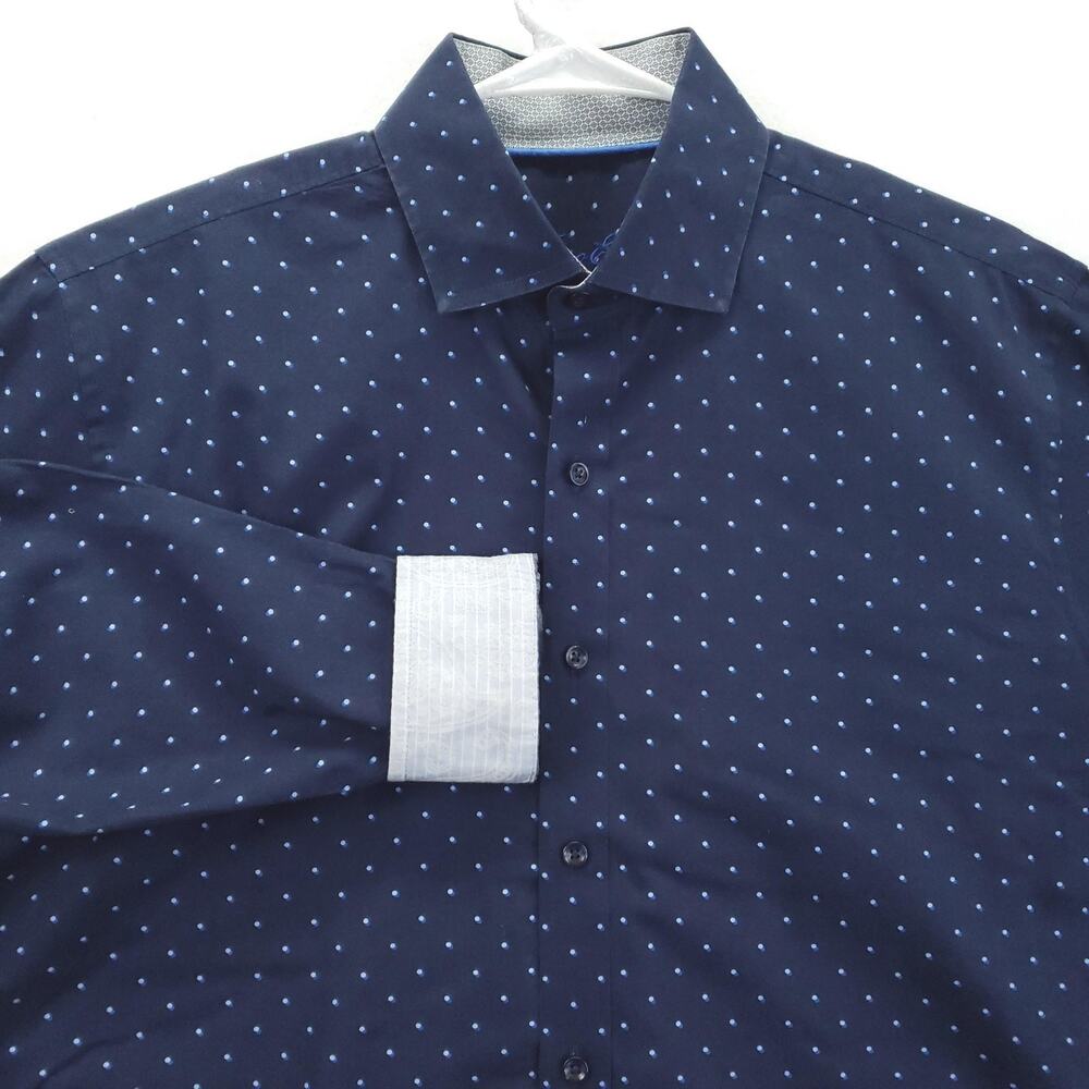 Tasso Elba Shirt Mens Large Navy Blue Polka Dot Long Sleeve Button Up Cotton